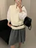 Conjunto de Malha com Gola Meia-Alta e Cinto + Suéter de Base Branca para Mulheres - Estilo Novo da Primavera 2026