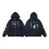 Nuevo modelo ERD: Estilo rico y desgastado, cuello abierto con cremallera, estampado de pines y letras, chaqueta sudadera con capucha unisex