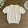 Camiseta de Verão Manga Curta para Meninas Bebê Estilosa Personalidade Infantil Tendência Estilo Coreano Gola Boneca Laço Tricô Jacquard