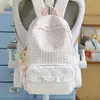 Mochila de Viagem Fofa com Estampa Xadrez e Bolinhas com Acabamento em Renda Estilo Menina Mochila de Estudante Estilo Doce Japonês