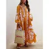 Vestido Feminino Europeu e Americano Transfronteiriço 2025, Soltinho, Manga Longa, Cadarço, Decote V, Estampado, Barra Larga