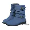 Botas de media caña plisadas retro nuevas transfronterizas para mujer, doble hebilla de cuero, botas de jinete, estilo británico, adelgazantes, talla grande, zapatos de mujer de comercio exterior