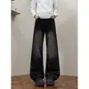 Jeans de mezclilla degradado negro de moda con efecto de salpicaduras de pintura, unisex, estilo vibe de la alta calle americana, pierna recta, ligeramente acampanados, pantalones de corte curvo