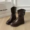 Botas Femininas Empilhadas Outono 2026 Martin Novo Estilo Ocidental Cano Médio Franzido Versátil Cavaleiro Retro Novo Estilo Temperamento Botas Curtas