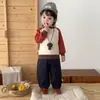 Conjunto de Tricô Estilo Coreano para Bebês e Crianças Pequenas, Bloco de Cores, Manga Raglan, para Meninos e Meninas, Outono, Solto, Casual, Calça de Perna Larga, Conjunto de Duas Peças