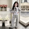 Moda Juvenil 2026 Sudadera con Capucha Falsa de Dos Piezas Manga Larga Estilo Coreano Holgada Elegante Pantalones Largos de Pierna Ancha Conjunto Casual de Dos Piezas