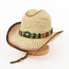 Sombrero de Paja Hueco para Exteriores de Comercio Exterior Europeo y Americano, Sombrero de Vaquero Occidental, Sombrero Turquesa con Estilo Étnico, Sombrero Retro Jazz