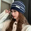Gorro de Punto a Rayas con Borde Enrollado Estilo Coreano para Mujer, Cálido para Otoño/Invierno, Versátil, Adelgazante, Slouchy