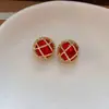Pendientes de botón redondos de resina con rejilla redonda de aguja de plata europeos y americanos, pendientes de lujo ligero vintage de alta gama para mujer