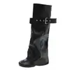 Hebilla de metal estilo occidental apilamiento apilamiento botas largas mujer otoño sueltas pierna ancha plisadas botas de montar adelgazantes fondo plano caña alta cuero