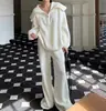 Traje de Suéter de Solapa Relajado y Casual Transfronterizo con Pantalones de Pierna Ancha Moda y Rejuvenecedor Adelgazante Conjunto Falso de Dos Piezas