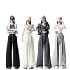 Pantalones deportivos de mujer color blanco roto para otoño, corte holgado estilo boyfriend, suaves y con buena caída, de cintura alta, pierna ancha, largos hasta el suelo, casuales