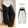 Calça Banana de Linho Respirável de Verão com Bolinhas Calça Casual para Mulheres com Cintura Elástica Cordão Calça Wide-Leg Novo Estilo Caimento Solto Calça Curva