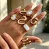 Conjunto de anillos geométricos barrocos de perlas, estilo ins, dulce y fresco, transfronterizo europeo y americano, anillo brillante de metal líquido personalizado