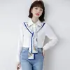Foto Real de Moda Primavera 2026 Nuevo Diseño Bufanda de Seda Empalmada Blanca Camisa de Gasa de Manga Larga Top para Mujer