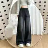 Jeans largos de cintura alta para primavera e outono, com efeito emagrecedor, na cor preto lavado e cinza, perna larga, design plus size com comprimento até o chão para mulheres