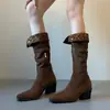 Botas Vaqueras Marrones Elegantes para Mujer que Aumentan la Altura 2026, Botas Largas Arrugadas Estilo Desierto con Tacón Grueso, Hasta la Rodilla, Botas de Uso Bidireccional