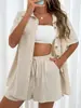 2024 Moda Transfronteiriça AliExpress Shorts Terno Camisas de Cor Sólida Duas Peças Mulheres Casual Solto Manga Curta Abotoamento Simples