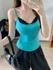 Camisole de renda estilo BM, falsa peça dupla, puramente desejável para mulheres, verão, com bojos, corte justo, pode ser usada como camada interna ou top externo, top base sexy