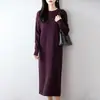 Vestido largo de punto acanalado 100% lana para mujer, Otoño/Invierno, Cuello redondo, Holgado, Por encima de la rodilla, Vestido base de punto