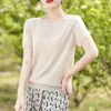 Nova moda de verão T-shirt versátil de gola redonda, manga curta, cor sólida, corte solto em Liocel, versão coreana, camiseta básica simples de cor sólida para mulheres