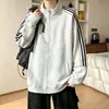 Sudadera cárdigan retro a rayas estilo americano para hombre, chaqueta deportiva de retazos color-block de moda para otoño con cuello alto