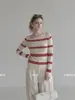 Top de malha listrado off-shoulder LiLvi, de manga longa, novo estilo outono feminino, super estiloso, color-blocking, ombro a ombro, top base justo
