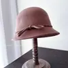 Chapéu de Pescador com Laço Face Pequena Vento de Mil Jin Feminino Outono Inverno Versátil Chapéu de Feltro Chapéu Fedora de Lã Australiana Chapéu Balde Francês