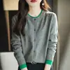 Cardigan de punto de dos piezas para mujer, versión coreana 2026, otoño e invierno, cuello redondo, suéter abrigo con bloques de color, chaqueta holgada de manga larga