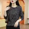 Estilo Nuevo de Otoño Plateado Salpicado Elegante Estampado de Flores de Fuegos Artificiales Versátil Cuello Redondo Manga Larga Camiseta para Mujer Holgada Adelgazante Reductor de Edad