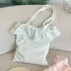 6563 Bolso Tote con Volantes Floral Verde Claro y Rosa, Estilo Coreano Estilo Girly, Bolso de Hombro de Gran Capacidad para el Trabajo y la Clase