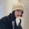 Chapéus de Outono e Inverno para Mulheres, Gorros de Tricô Estilo Japonês Que Fazem o Rosto Parecer Menor, Gorros da Moda com Letras, Toucas Headwrap com Forro de Lã, Chapéus Largos