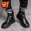 En stock talla grande invierno punta redonda botas de algodón negras botas Martin para hombre zapatos de hombre costuras de tela de cuero botas overol de media caña