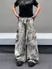 Calça jeans larga estilo patchwork de estampa de leopardo, design para primavera e outono, calça casual solta de perna reta até o chão para adolescentes
