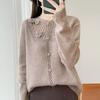 Cardigan de Tricô de Lã Pura de Outono e Inverno 2025 com Decote Redondo e Mangas Compridas para Mulher, Top Solto Versátil Bordado Vazado