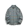 Camisa xadrez escovada de manga comprida, corte solto, estilo retrô americano moderno, para homens e mulheres, moda outono com gola de lapela