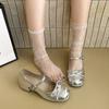 Zapatos de Ballet de Boca Baja con Lazo Plateado para Mujer 2025 Verano Nuevo Estilo Flats Francesas Mary Jane Retro Zapatos Pequeños de Cuero