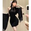 Traje Sexy para Mujer en Otoño, Chica Pura Lusty Caliente con Cárdigan Chal, Conjunto de Dos Piezas Vestido con Escote Halter y Encaje Calado