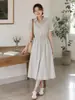 Vestido Chemise Feminino de Verão High-End Listrado Comprimento Médio Solto Estilo Coreano Cordão Ajustável Saia de Caimento Universal