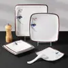 Prato quadrado de melamina flor de lótus azul plástico imitação de porcelana louça quadrada comercial prato de arroz com tampa prato de cozido
