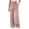 Pantalones Casuales de Lino de Pierna Ancha con Cintura Alta y Cordón, Bolsillos Laterales, Pantalones Fluidos de Playa, Pantalones Casuales Elásticos para Mujer