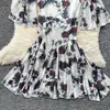 Vestido con estampado de volantes, cuello de solapa, hombros descubiertos, manga trompeta, adelgazante, temperamento, de alta gama, Fan Xiaozhong