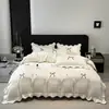 Menina Francesa Laço Algodão Longo Algodão Quatro Peças Conjunto Princesa Bolinhas Bordado Puro Algodão Capa de Edredom Estilo Creme Cama