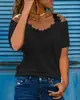 Amazon Aliexpress Encaje Europeo y Americano Cuello en V Jersey Manga Corta Tops para Mujer Color Puro Camisetas Casuales