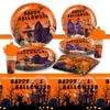 Plato de Papel Rosa, Servilleta de Papel, Mantel, Juego de Vajilla Desechable, Decoración de Ambiente para Fiesta de Halloween Naranja Transfronteriza
