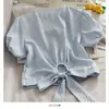 [En Stock] Camisa a Cuadros Ajustada Nuevo Estilo Top para Mujer con Lazo Versátil Manga Abullonada Manga Corta