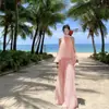 Lindo Traje de Verão: Conjunto Wild Scarlett Estilo Resort Francês Chiffon Duas Cores Top Plissado com Fita + Calça