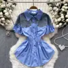 Diseño de Ropa para Mujer Estilo Coreano Sentido del Diseño Puntadas de Color Contrastante Reductor de Edad Mangas Abullonadas Cintura Elástica Adelgazante Moda Versátil Top Camisa
