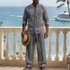 2026 Primavera e Outono Transfronteiriço Estilo Americano Linho Férias Casual Outdoor Masculino Conjunto de Calça Reta Solta de Manga Longa Henry