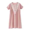 Nova Primavera e Verão Camisola de Algodão Pijama de Manga Curta Feminino Vestido de Algodão Roupas para Casa da Menina Pijama de Renda para Pais e Filhos